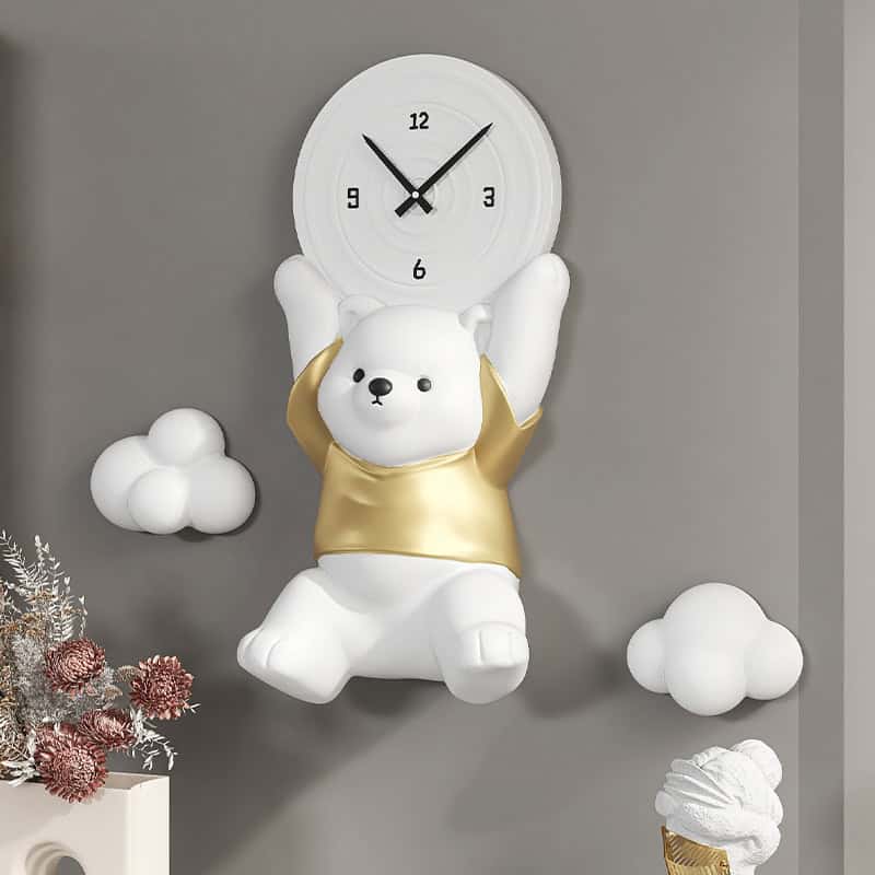 Cute bear wall clock with cloud decor, perfect for children's room or nursery, blending functional timekeeping with playful design, ideal for enhancing kids' spaces.