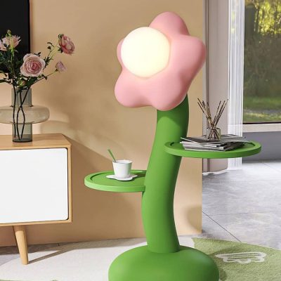 Colorful flower-shaped LED lamp with built-in shelves, modern decor piece for living rooms or bedrooms.