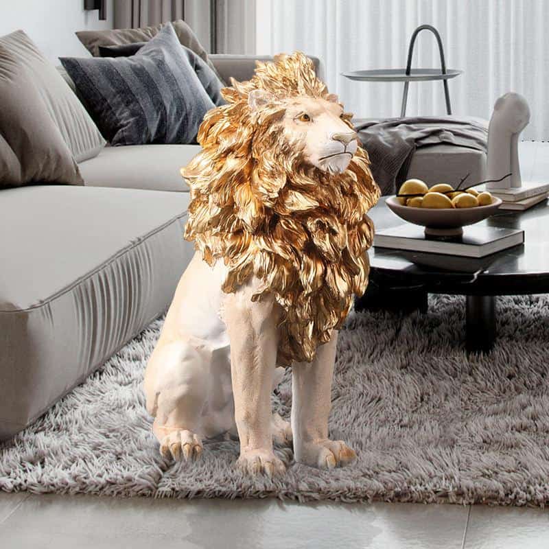 Lion plush toy with a golden mane sitting on a plush rug in a modern living room at Monalisa Store.