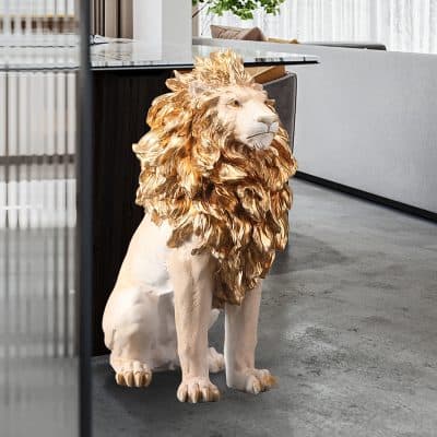Gold lion sculpture for home decor, elegant animal figurine, decorative lion statue in white and gold, luxurious interior accent, Monalisa Store.