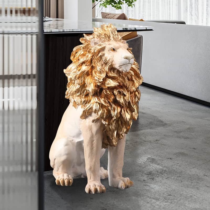 Gold lion sculpture for home decor, elegant animal figurine, decorative lion statue in white and gold, luxurious interior accent, Monalisa Store.