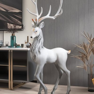 Elegant white reindeer sculpture with tall antlers, modern decor piece perfect for home or store display at Monalisa Medical Store.