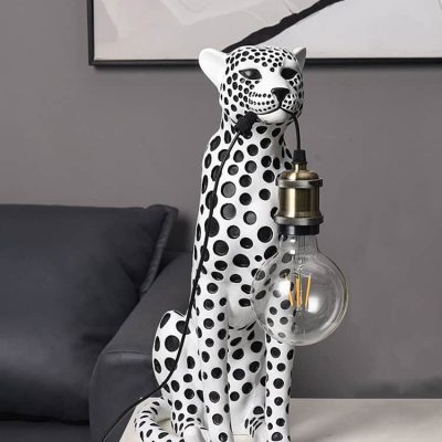 Black and white leopard lamp with Edison bulb, modern home decor from Monalisa Medical Store, stylish animal-shaped table lamp for contemporary interior design, perfect for living room or bedroom decor.