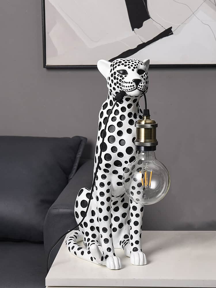 Black and white leopard lamp with Edison bulb, modern home decor from Monalisa Medical Store, stylish animal-shaped table lamp for contemporary interior design, perfect for living room or bedroom decor.