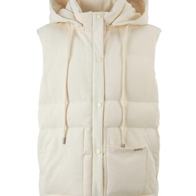 Soft cream-colored sleeveless hoodie vest with drawstrings and front pockets, ideal for casual or athleisure wear, perfect for winter and fall fashion.