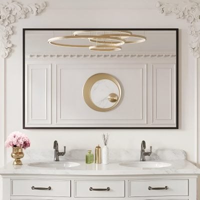 Luxury optometry clinic interior, Monalisa Medical store aesthetic design with elegant white vanity and modern lighting, perfect for eye care and optical services in a sophisticated setting.