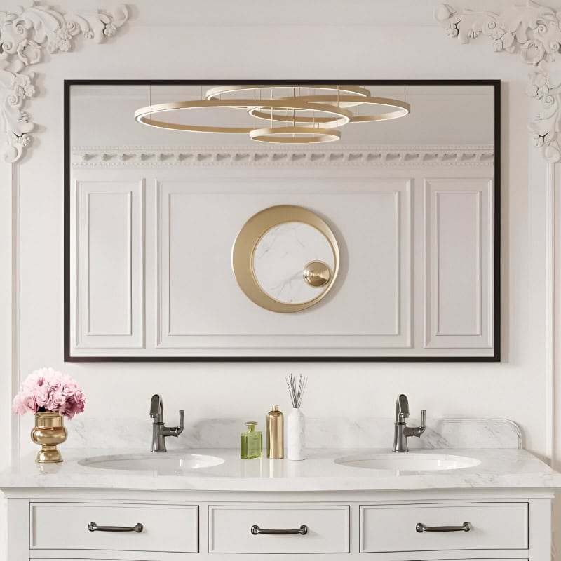 Luxury optometry clinic interior, Monalisa Medical store aesthetic design with elegant white vanity and modern lighting, perfect for eye care and optical services in a sophisticated setting.