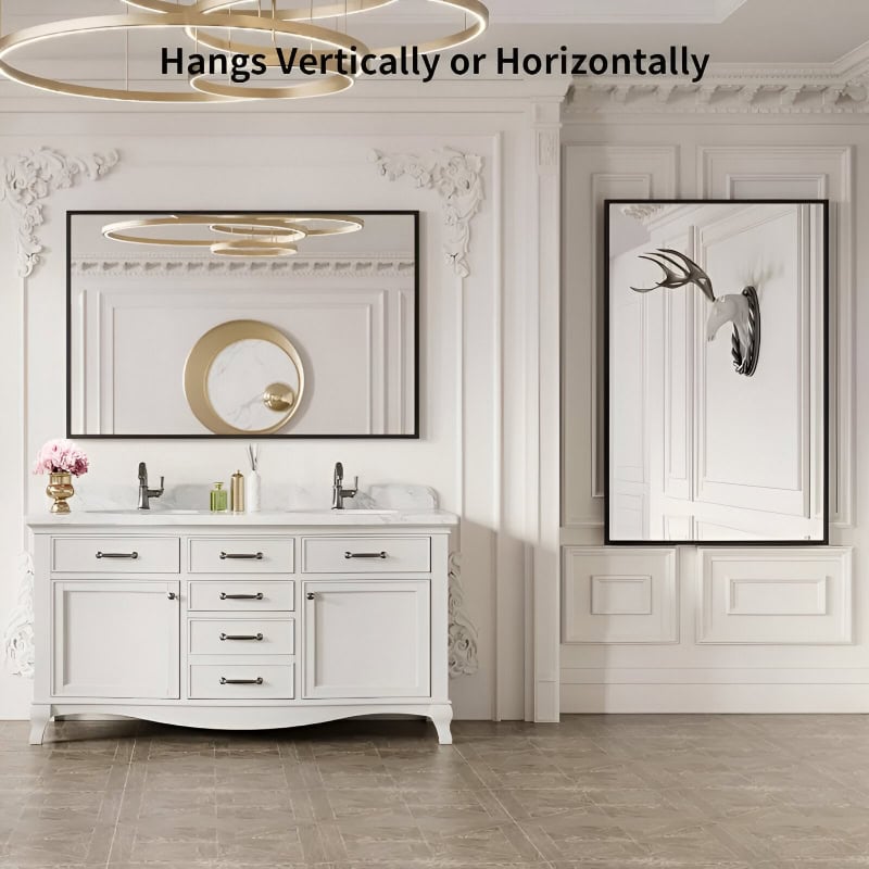 Elegant white bathroom vanity with dual sinks, modern fixtures, and decorative mirrors in a luxurious interior design. Perfect for stylish and functional vanity spaces.