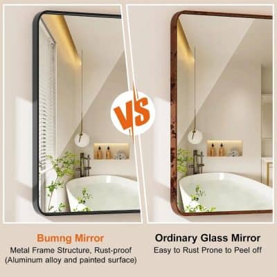 Enhanced bathroom mirror with a rust-proof metal frame, modern design, and durable aluminum surface for long-lasting use. Perfect for stylish and functional bathroom decor.