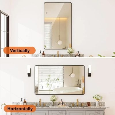 Elegant modern bathroom vanity with sleek large mirror, gold fixtures, and stylish decor. Perfect for enhancing bathroom aesthetics with contemporary design and functional storage.