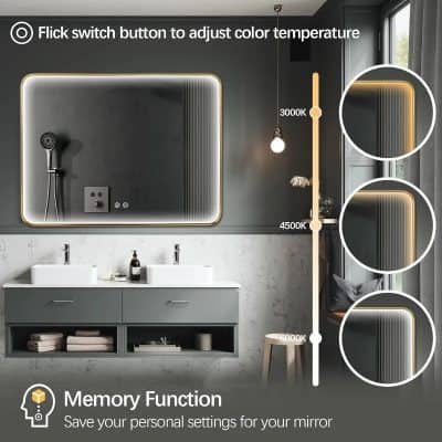 Adjustable color temperature mirror with LED lighting for modern bathrooms, featuring memory function and sleek design, ideal for skincare and grooming routines.