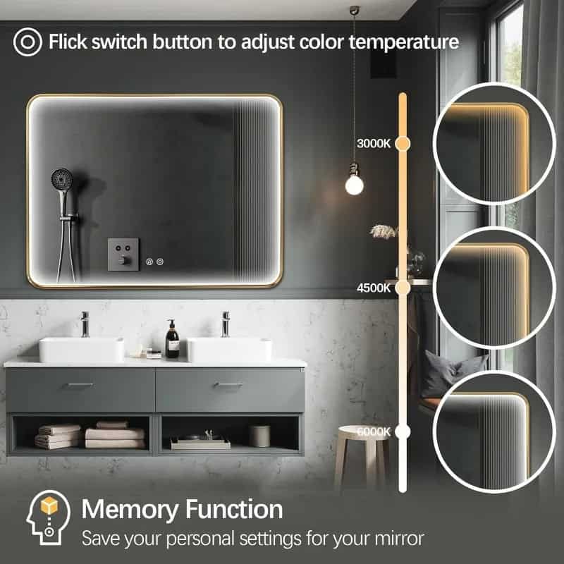 Adjustable color temperature mirror with LED lighting for modern bathrooms, featuring memory function and sleek design, ideal for skincare and grooming routines.