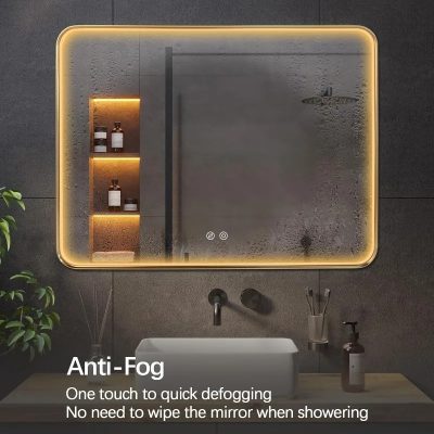 Mirror with anti-fog technology for clear reflection, one-touch defogging, and modern LED lighting in a sleek bathroom setting.