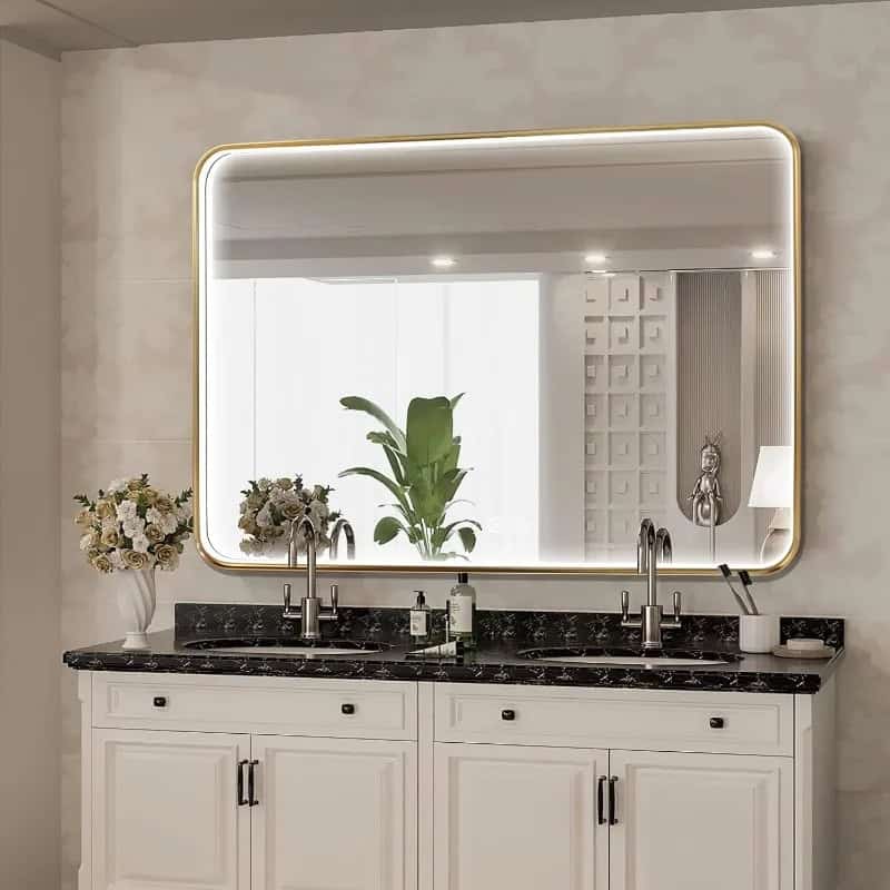 Luxury bathroom vanity with large illuminated mirror, black marble countertop, and elegant decor, perfect for modern spa or medical aesthetic clinics at Monalisa Store.