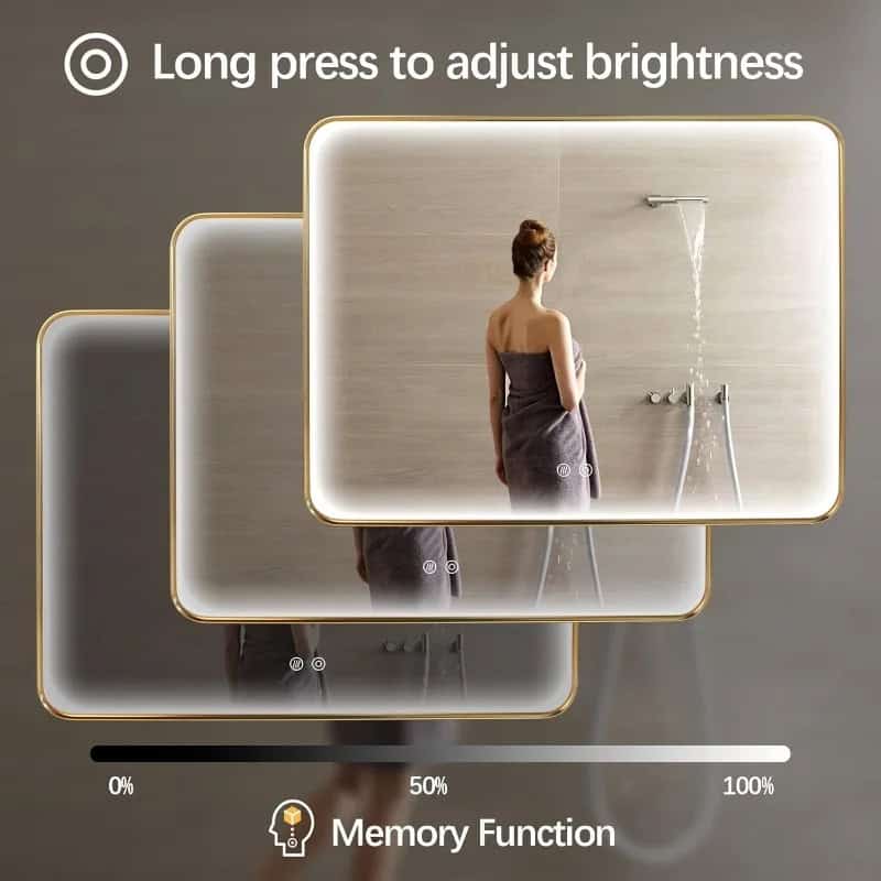 High-tech LED mirror with brightness adjustment touch control for modern smart bathrooms.