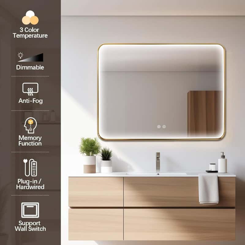 LED illuminated vanity mirror with touch controls for modern bathrooms.