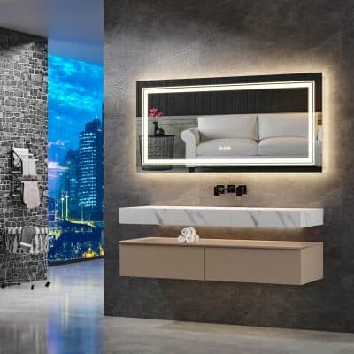 Mirror with LED lighting in modern bathroom or living space decor, showcasing sleek design and ambient illumination for enhanced aesthetic appeal.