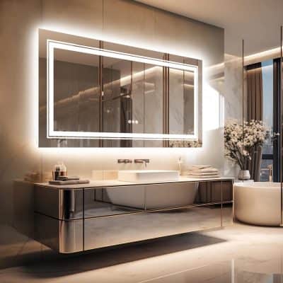 Luxurious modern bathroom with illuminated backlit mirror, marble accents, and elegant fixtures, ideal for high-end optometry and eye care clinic design.