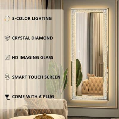 Luxury LED mirror with 3-color lighting, crystal diamond edge, HD imaging glass, smart touch control, and plug-in design for elegant interior decor.