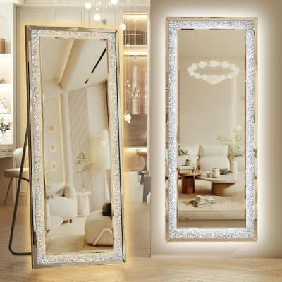 Elegant full-length LED mirrors with sparkling illuminated frames, ideal for modern bedroom or dressing room decor, showcasing high-quality, stylish, and functional beauty and makeup accessories from Monalisa Store.