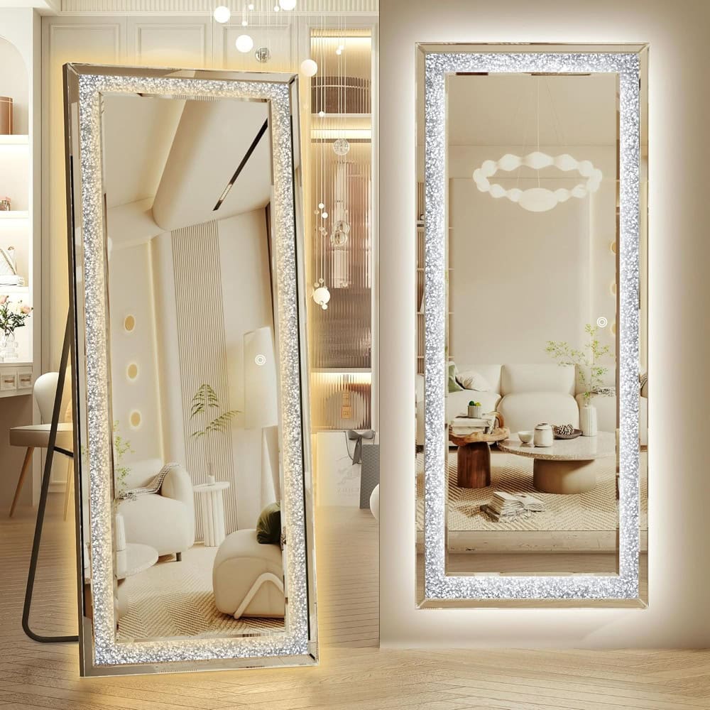 Elegant full-length LED mirrors with sparkling illuminated frames, ideal for modern bedroom or dressing room decor, showcasing high-quality, stylish, and functional beauty and makeup accessories from Monalisa Store.
