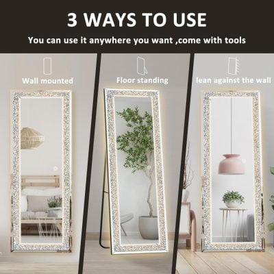 Bright LED mirror with multiple installation options including wall mounted, floor standing, and lean against wall for versatile home decor and vanity use.