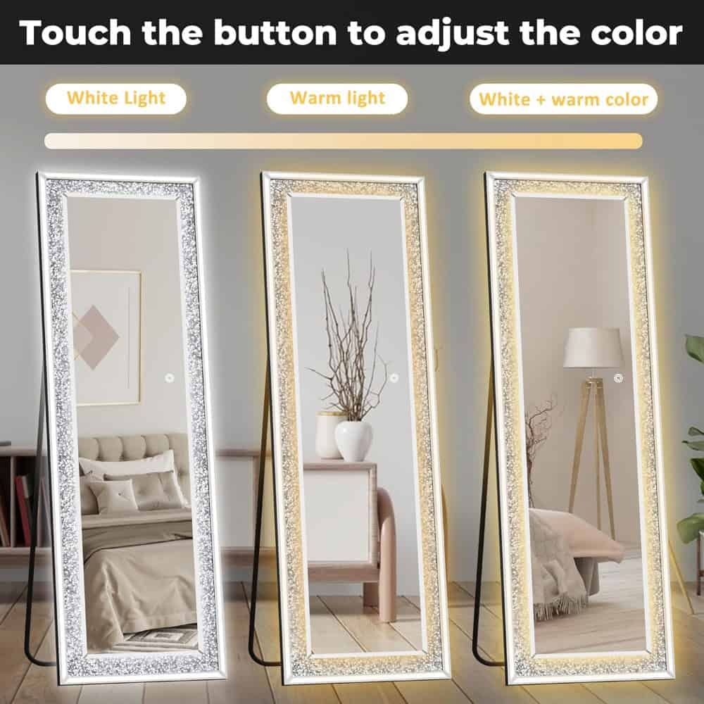 Amazing LED mirror with adjustable lighting options including white light, warm light, and combined white + warm color for perfect ambiance and clear reflection, ideal for beauty routines.