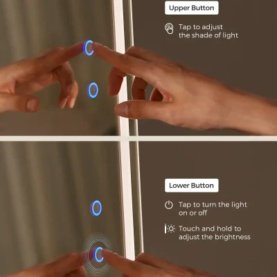 Touchless mirror light control panel with adjustable brightness and lighting options for modern, smart home lighting solutions.