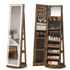 Elegant wooden full-length mirror with integrated jewelry and cosmetic storage, perfect for modern bedroom decor and stylish organization.
