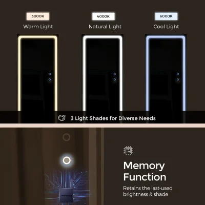 Advanced LED light therapy device with customizable brightness for skincare, featuring touch control, memory function, and three light shades: warm, natural, and cool. Perfect for aesthetic treatments.