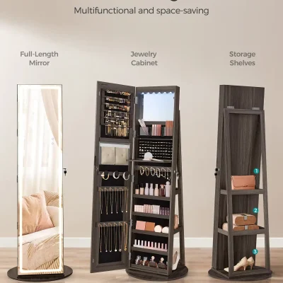 Black freestanding jewelry mirror cabinet, multi-functional 3-in-1 design with space-saving features for stylish jewelry organization, storage shelves, and full-length mirror, perfect for opt office or retail space.