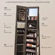 Colorful jewelry storage cabinet with organized sections for earrings, rings, necklaces, bracelets, cosmetics, and shelves, ideal for enhancing an optometry or eyewear store display.