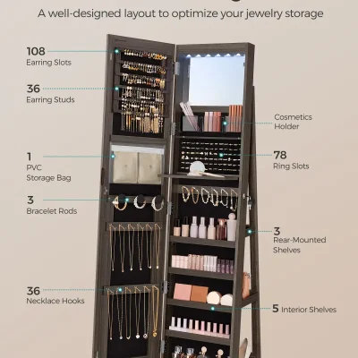 Colorful jewelry storage cabinet with organized sections for earrings, rings, necklaces, bracelets, cosmetics, and shelves, ideal for enhancing an optometry or eyewear store display.