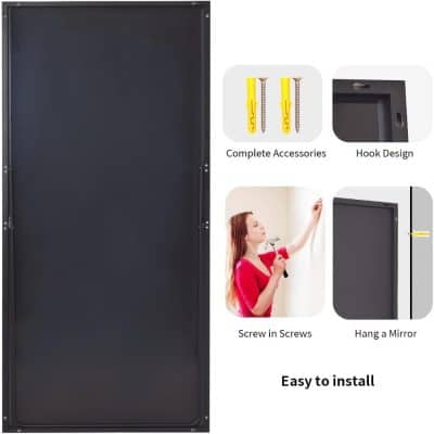 Durable black wall-mounted mirror with hook design, complete accessories, easy screw-in installation, ideal for home decor and grooming spaces.
