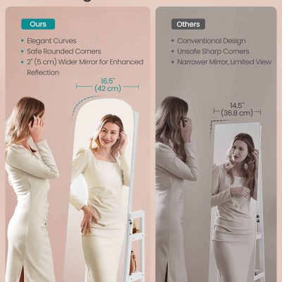 Oversized large rounded mirror with safe curved corners, 16.5 inches wide, ideal for vanity and dressing rooms, providing enhanced reflection quality and elegant design for home decor.