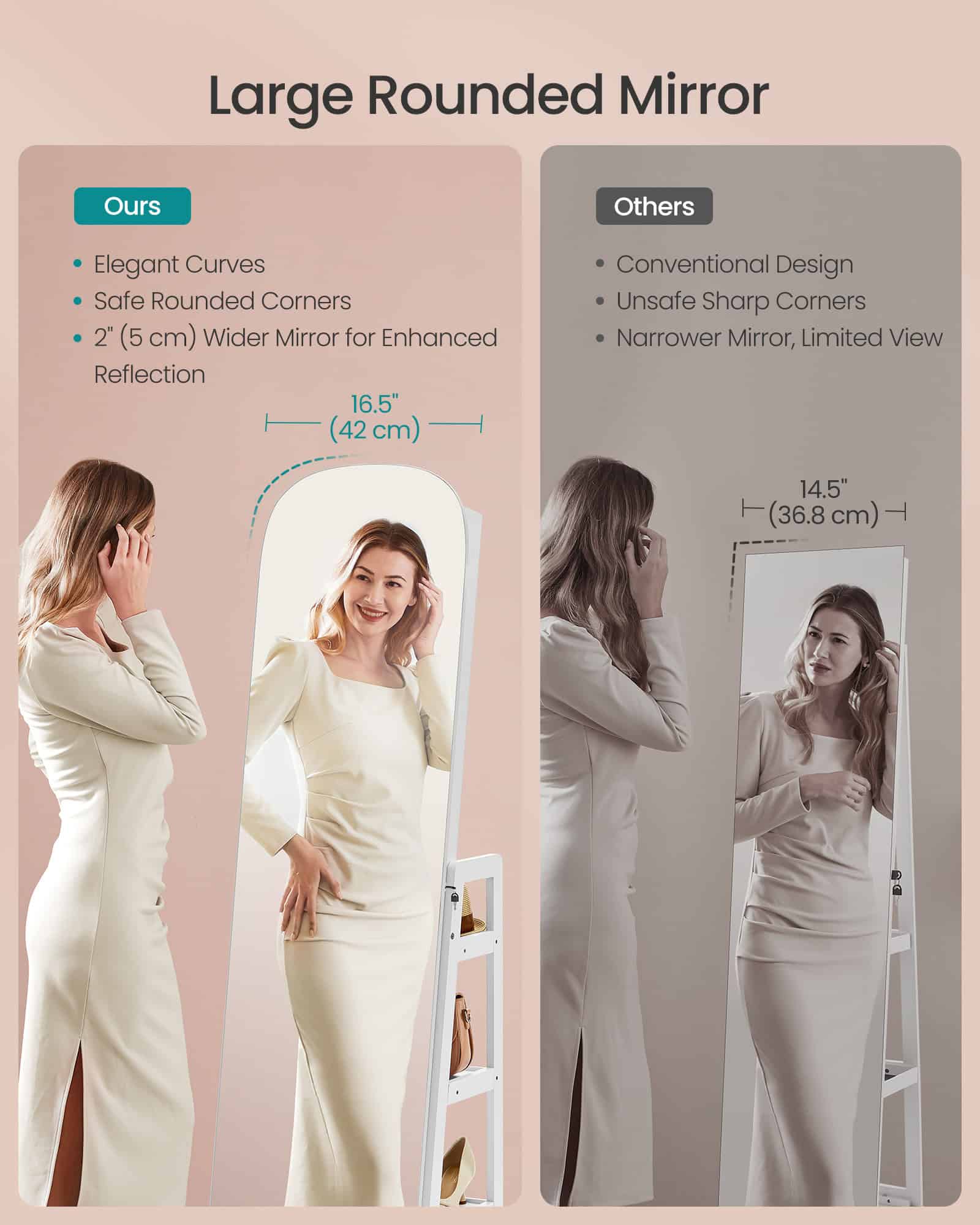 Oversized large rounded mirror with safe curved corners, 16.5 inches wide, ideal for vanity and dressing rooms, providing enhanced reflection quality and elegant design for home decor.