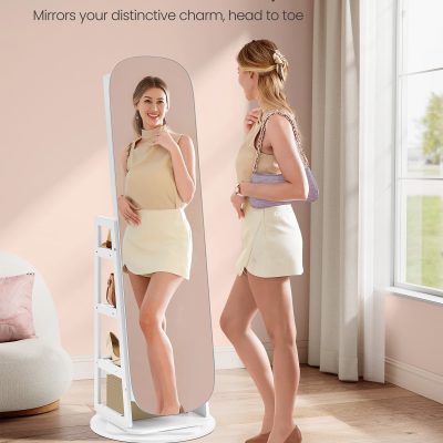 Stylish full-length standing mirror with a hanging jewelry cabinet, perfect for beauty and makeup spaces. Features 360° swivel, elegant design, and multiple storage shelves for accessories.