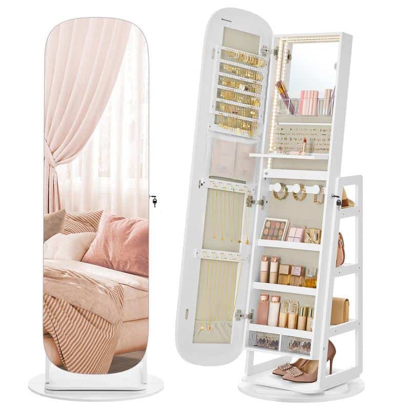 Shimmering full-length mirror with jewelry storage cabinet and organized accessories display, ideal for bedroom or dressing area decor, combining functionality with elegant style.
