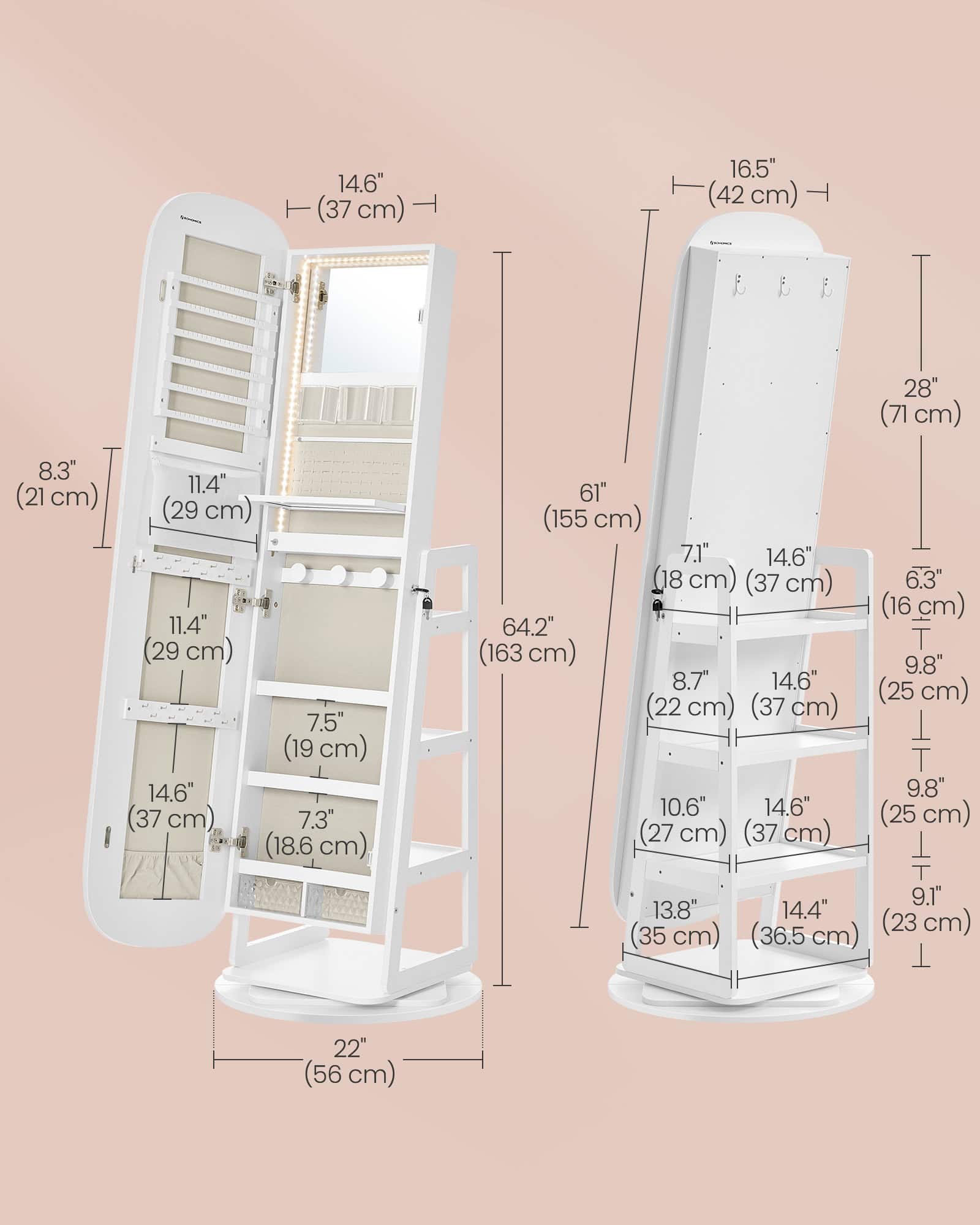 Elegant white beauty salon display mirror with integrated LED lighting, multiple shelves, and hooks for eyewear, perfect for opticians and eyewear retailers.