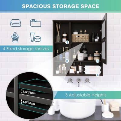 Wellness storage cabinet in a modern bathroom, featuring adjustable shelving for toiletries and cosmetics, with a sleek black finish. Perfect for organizing skincare, medicine, and makeup essentials efficiently.