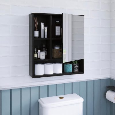 Stylish black bathroom cabinet with mirror for skincare and beauty storage, featuring shelves with skincare products, toiletries, and decorative items, ideal for a modern bathroom setup.