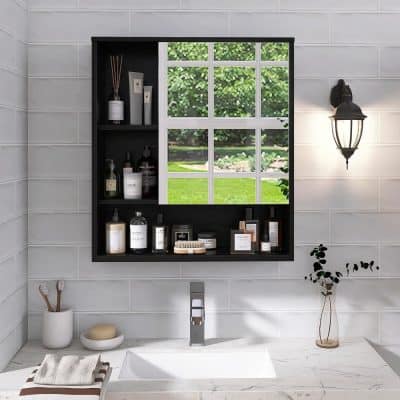 Sleek modern bathroom mirror cabinet with storage, perfect for organizing skincare and toiletries, enhances bathroom decor and functionality, ideal for home or salon settings.