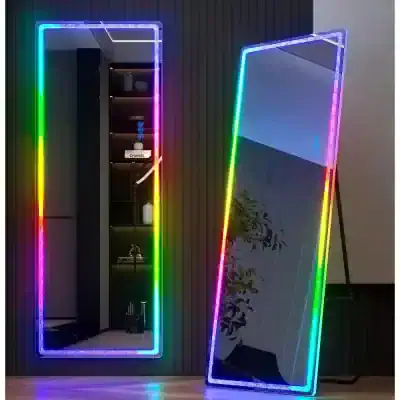 RGB LED illuminated full-length mirror with colorful neon border for modern home decor and vanity spaces. Perfect for bedrooms, dressing rooms, or salons with stylish lighting design.