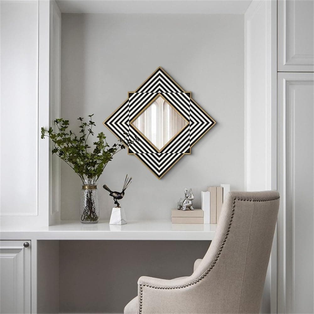 Stylish black and white geometric mirror decor on a modern white wall, creating an elegant, contemporary aesthetic for optometry or eyewear store interior design.