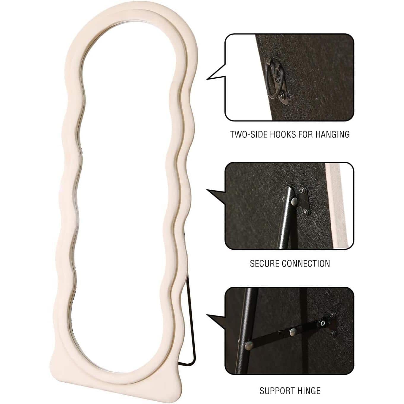 Lighted decorative mirror with two-side hooks for hanging, secure connection, and support hinge, ideal for beauty salons, spas, and home decor. Perfect for stylish and functional space enhancement.