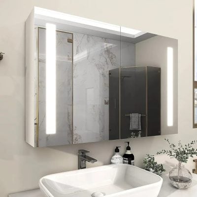 Modern bathroom vanity mirror with built-in LED lighting and marble accents for luxury home decor.