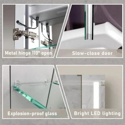 High-quality display cabinet featuring a metal hinge that opens to 110°, slow-close door mechanism, explosion-proof glass, and bright LED lighting for optimal presentation.