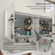 Sleek glass cabinet interior with adjustable shelves for optimal display and storage of beauty and skincare products. Modern design enhances the aesthetic appeal of Monalisa Medical Store.