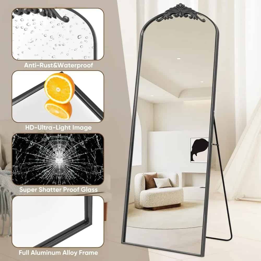 High-quality full-length standing mirror with anti-rust waterproof glass, HD ultra-light image, super shatterproof glass, and a durable aluminum alloy frame, perfect for home or retail use.