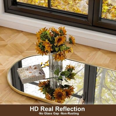 Sunflower bouquet in a glass vase reflected on a round HD mirror with non-rusting, glass-gap-free design, placed on wooden flooring near a large window.